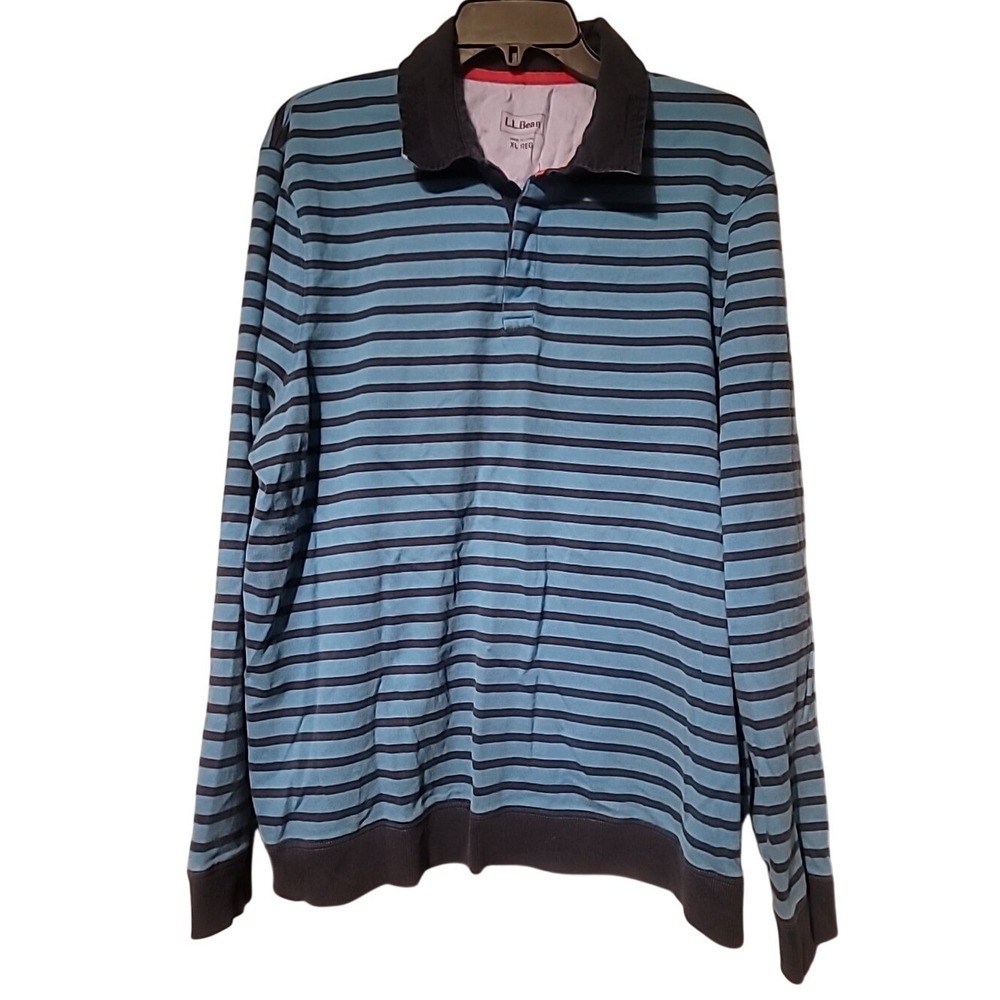 LL Bean Mens XL‎ Blue Striped Long Sleeve Rugby Polo Shirt 100% Cotton 287814
